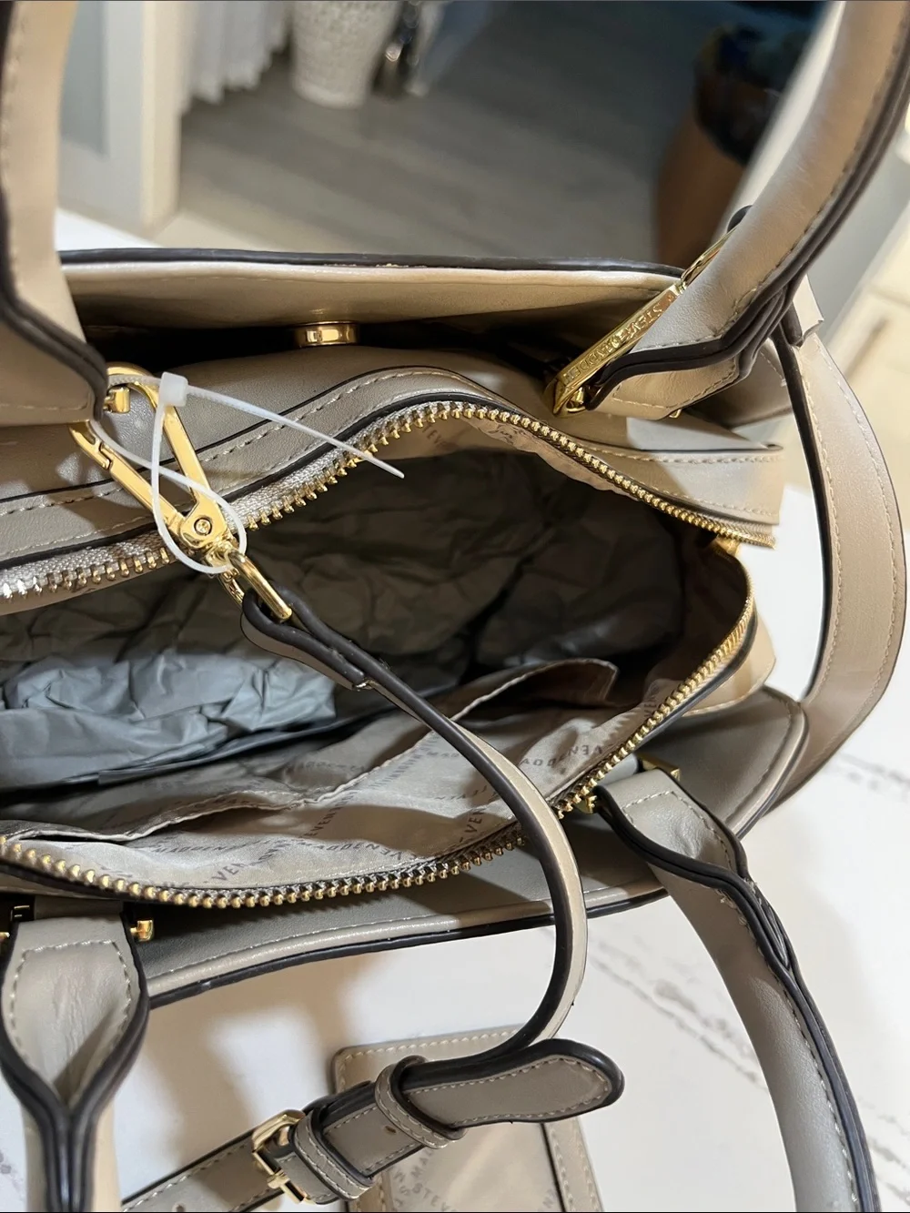 Steve Madden Beige Floral-Embroidered Dome Satchel
